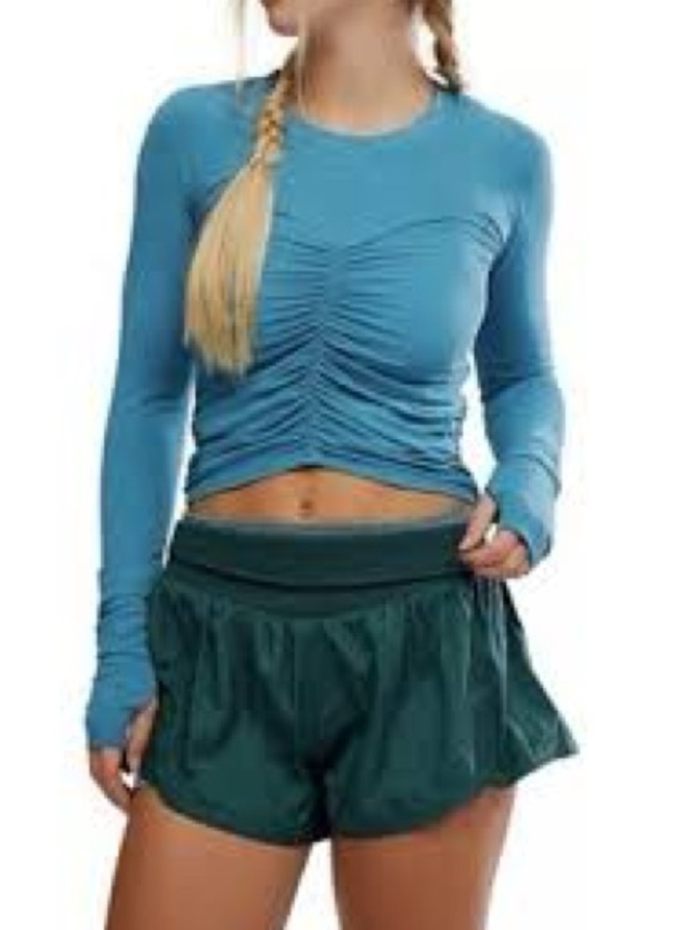Free People Teal Blue Ruched Long-Sleeve Crop Top - Picture 3 of 10